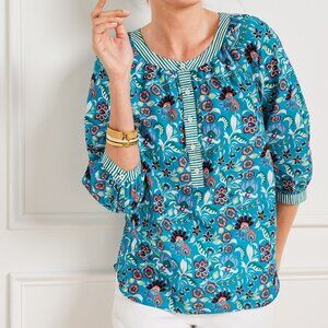 Talbots Teal Jacobean Floral 3/4 Balloon Sleeve Lightweight Popover Top XL NWT